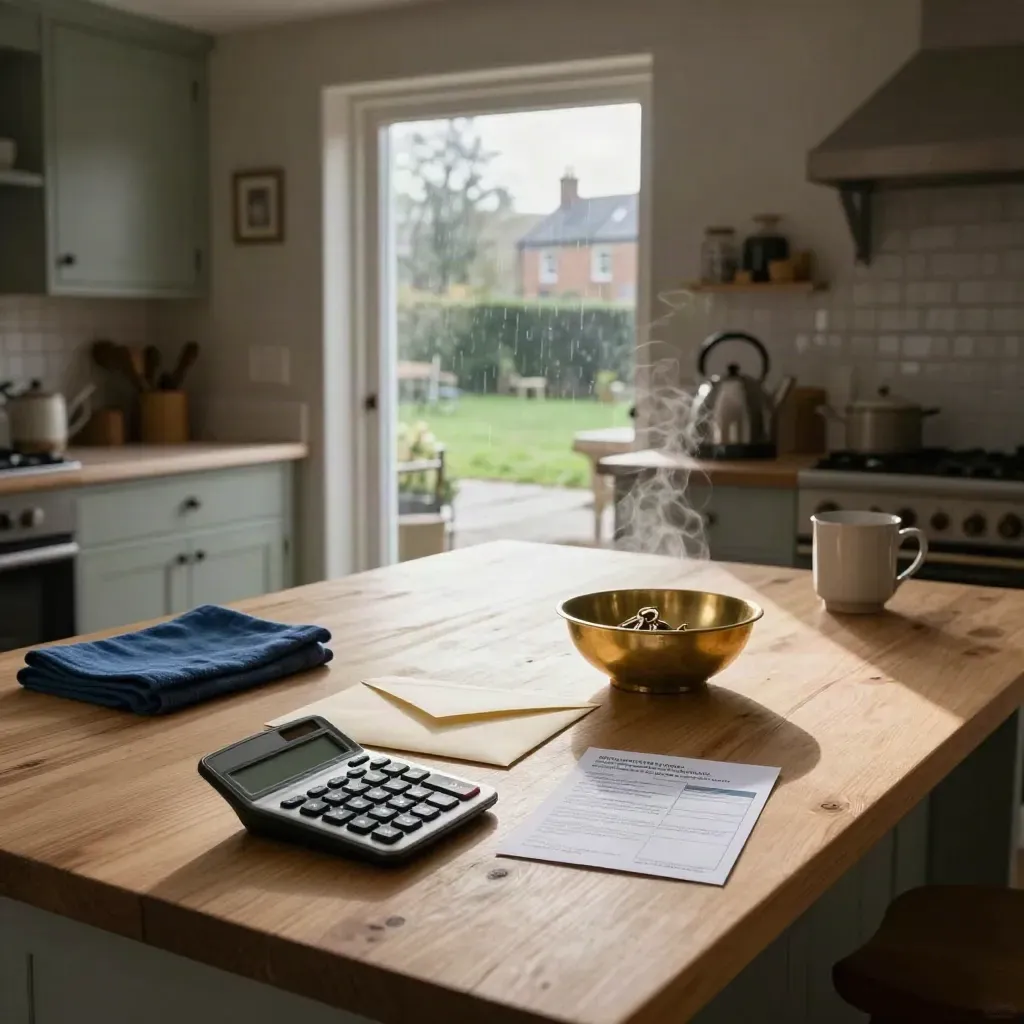 Rain-lit UK kitchen with lending items on oak island beside a bright terrace.