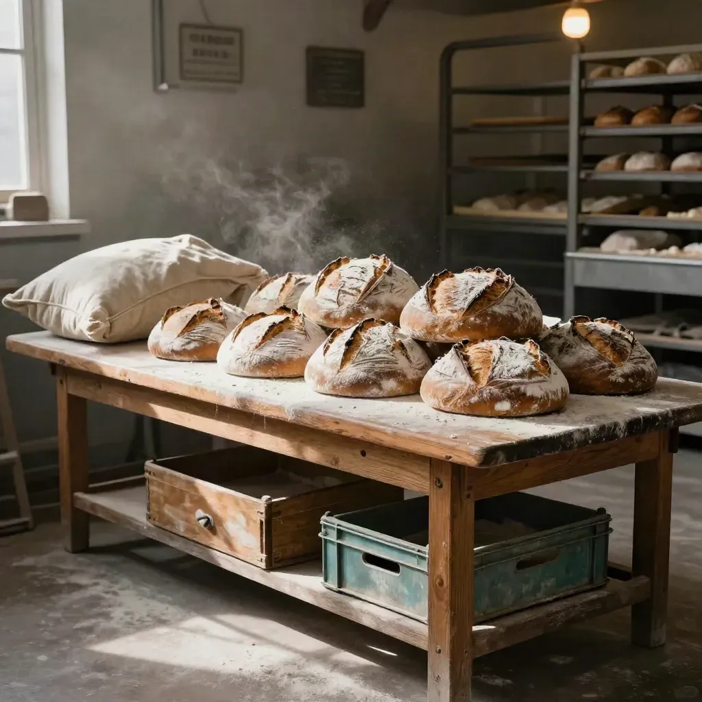 Bakery bench with sourdough loaves, flour sacks, till drawer and delivery crates in warm light