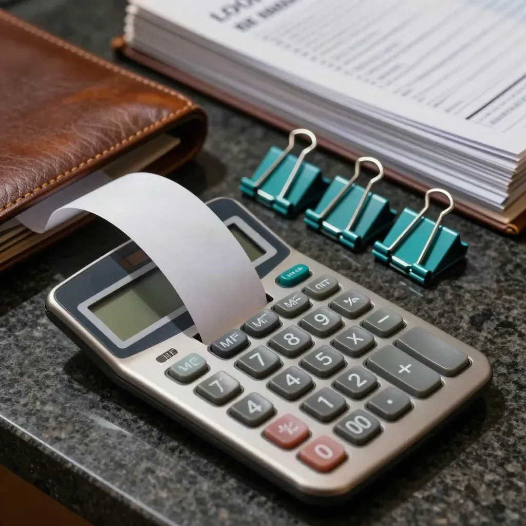 Calculator, receipt spike and ledger clips on dark stone under a hard upper-left beam.