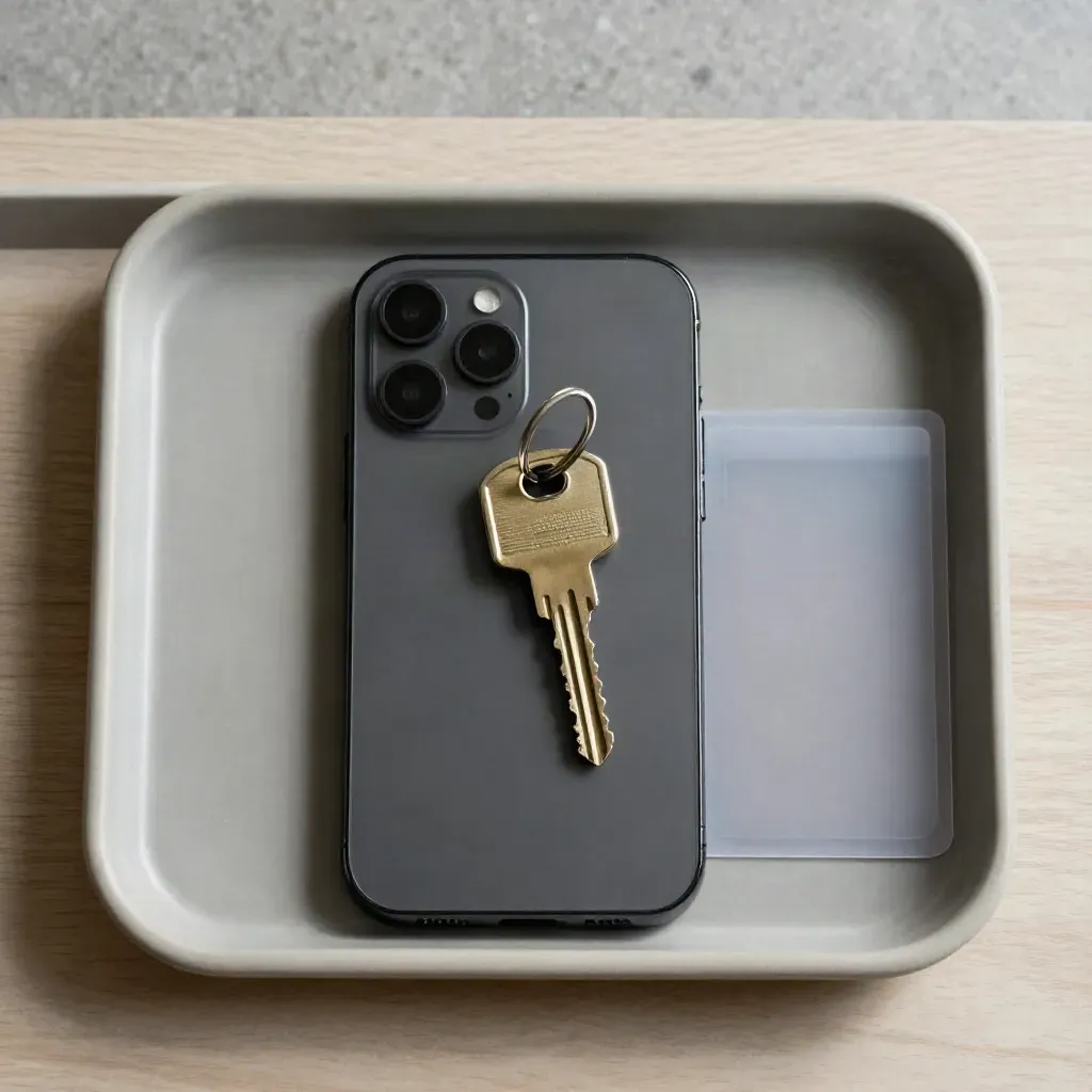 Overhead still life of a smartphone, keyring and blank card sleeve in a matte tray on pale oak.