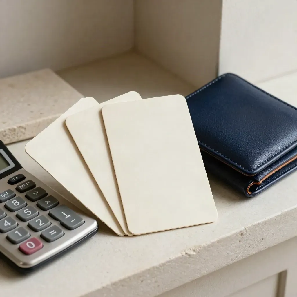 Three sample cards, calculator, and folded wallet on pale stone in soft side light.