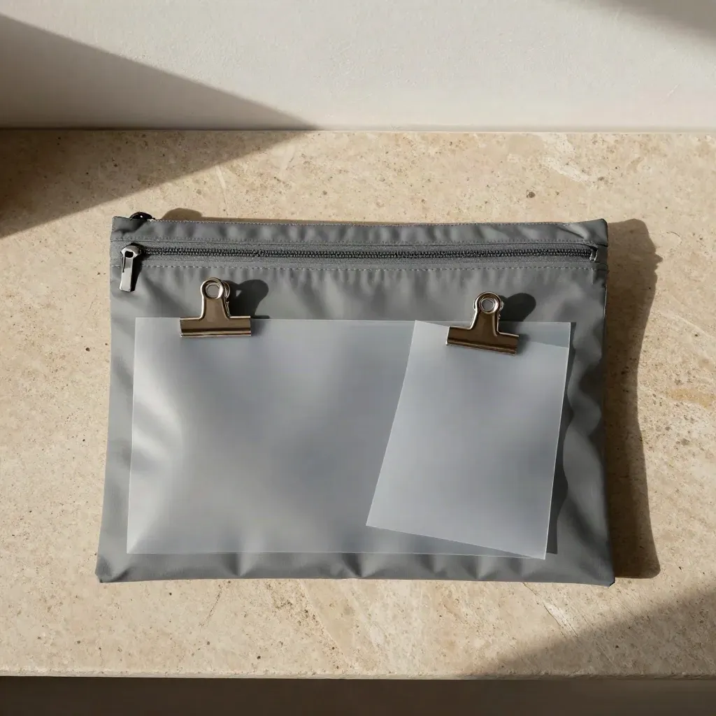 Overhead flatlay of a sealed courier pouch, folder clip and translucent sleeve on stone.