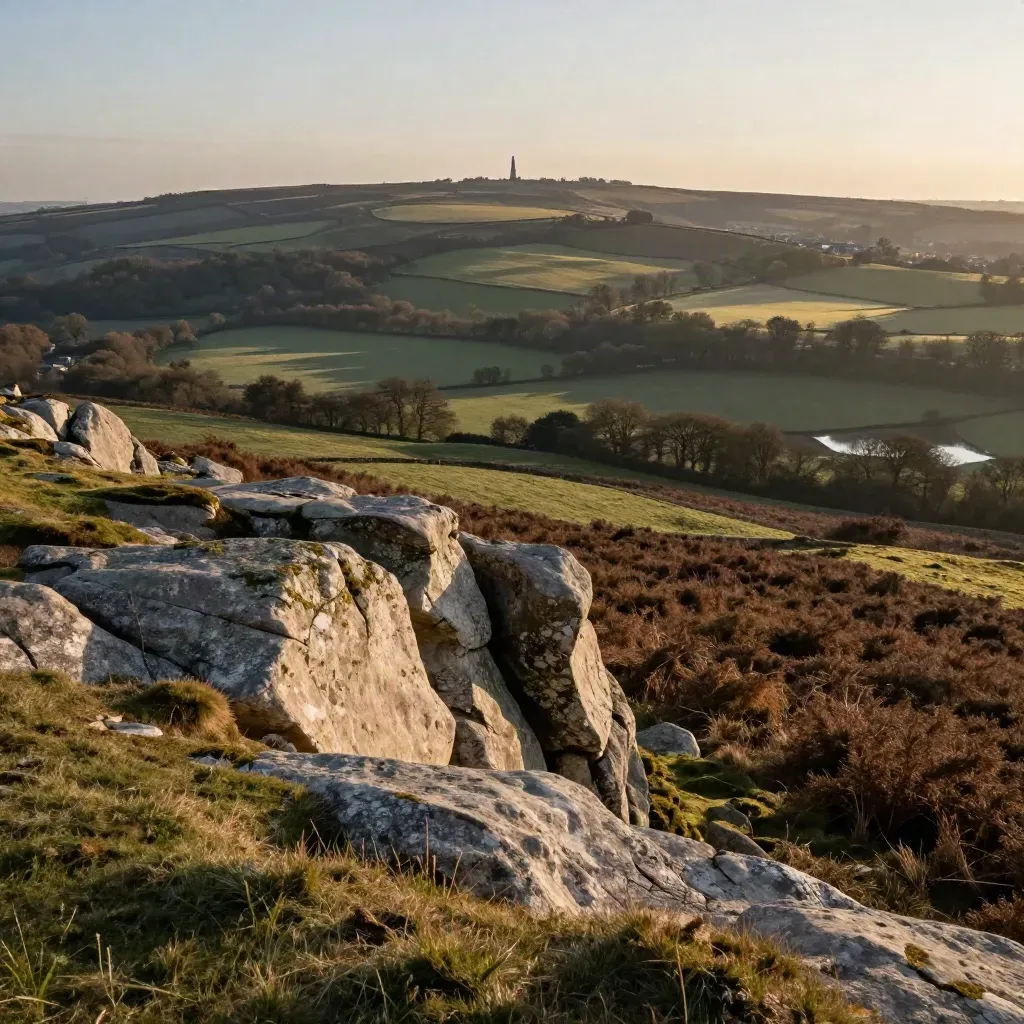 West Midlands ridge at golden hour with distant towers above calm meadow haze